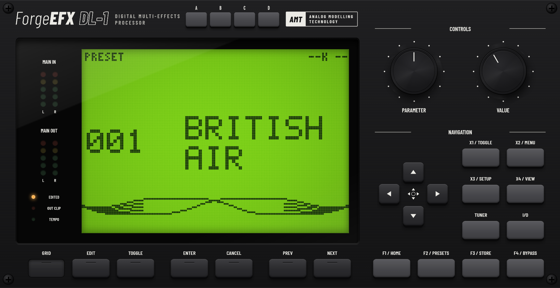 ForgeEFX DL-1 front panel with green LCD, British Air preset, two rotary controls and navigation buttons